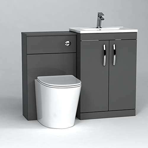 1000mm Modern Indigo Grey Gloss Bathroom 2 Doors Minimalist Vanity Unit Basin Sink & Slim Cesar Pan + Toilet Furniture Set