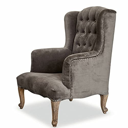Loberon Sessel Miellin, komfortable Polsterung, von Hand gearbeitete Füße, Polsterknöpfe im Chesterfield-Stil, Sitzmöbel, Baumwollsamt, Mangoholz, grau