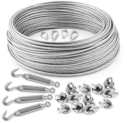 DQ-PP stållina SET | 3 mm 6 x 7 medium mjuk | Förzinkad av stål | Byte 3 mm | Spänningslås kroköglor M5 | linsklämma bygel 3 mm | ledtråd för rankhjälp rep stål tråd skogsrep vindrep spännlina 20m Set 6