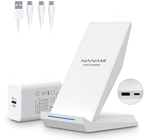 NANAMI Wireless Charger mit 30W USB-C Ladegerät - 2 in 1 Induktive Ladeständer mit Anschluss, Kabelloses Ladestation für iPhone 17/16/15/14/13/12/11/XS Max/X/XR/8 Plus, Samsung Galaxy S26 S25 S24 S23