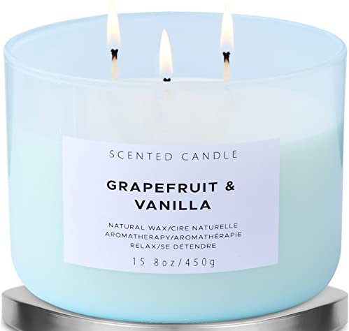 Grapefruit Vanilla 3-Wick Soy Candle, 15.8 Oz Large Scented Candle for Home