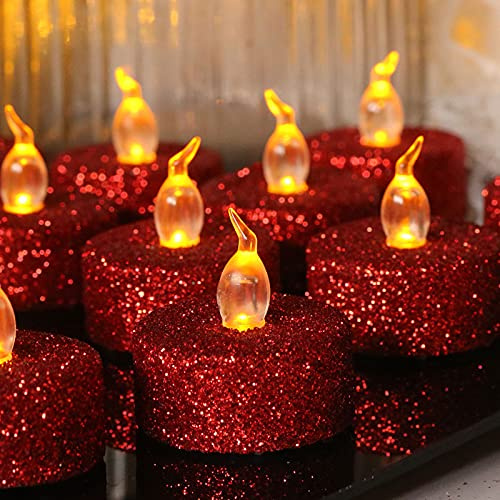 Batterie-Kerzenlichter, 100 Stunden Batterie, LED, flackernde Teelichte, Kerzen, flammenlose Lichter, warmgelbe Lampe für Hochzeiten, Feiern, Partys, Festivals, Dekoration, Rot, 12 Stück