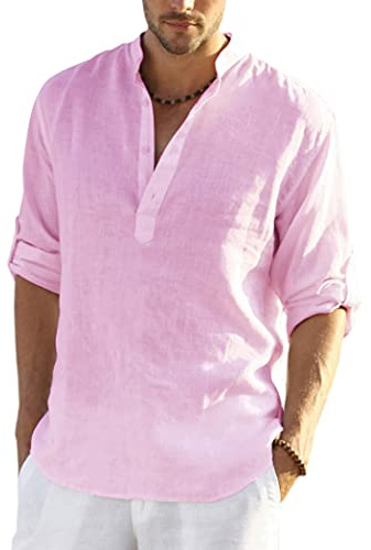 COOFANDY Chemise en Lin Henley à Manches Longues pour Homme d'été en Coton Col décontractée Chemise