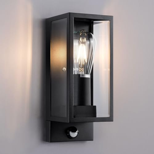 HARPER LIVING Outdoor Wall Light with Adjustable PIR Sensor, Weatherproof IP44, Non-Dimmable, Clear Glass Shades Matt Black Finish, Ideal for Outdoors