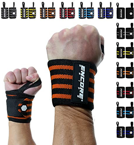 Encore Grips® Handgelenk Bandagen für Bodybuilding, Kraftsport, Crossfit, krafttraining Bandage, Handgelenkbandage für Fitness, Handgelenkstütze, Handgelenkschoner, Wrist Wraps (Schwarz-Orange-V2)