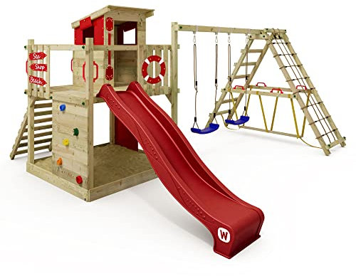 WICKEY Spielturm Klettergerüst Smart Surf mit Schaukel & roter Rutsche, Outdoor Kinder Kletterturm mit Sandkasten, Leiter & Spiel-Zubehör für den Garten