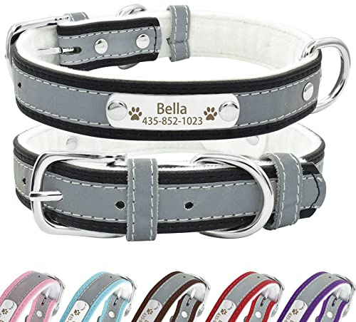 Senristar Personalisierte Reflektierende Leder Hundehalsband mit Warmem Futter, Individuelle Hundehalsband mit Namensschild Eingraviert für Kleine Mittlere und Große Hunde und Katzen
