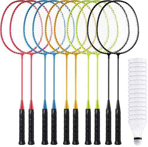 Woanger 10 Pack Badminton Rackets Set with Shuttlecocks Badminton Racquets for Adult and Lightweight Teenagers Shuttlecock Set for Backyard Gym Beach Outdoor Games (Fashion Colors)