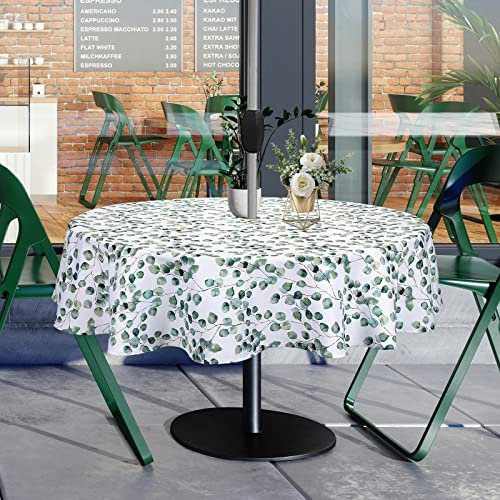 Qucover Runde Tischdecke mit Loch für Sonnenschirm, Grünes Blattmuster 150 cm Outdoor-Tischdecke mit Reißverschluss, Wasser- und Schmutzabweisend Tischdecke mit Schirmloch für den Außenbereich