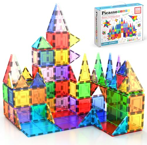 PicassoTiles 100 stycken genomskinliga 3D-byggplattor, magnetiska byggplattor, byggklossar, byggklossar, byggplankor, kreativitet bortom fantasin, 100 stycken