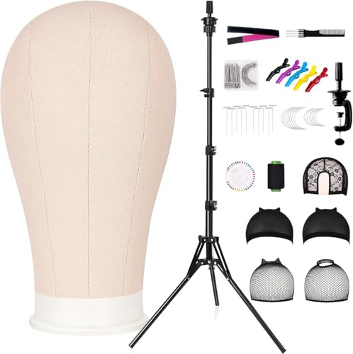 GHWMYD Perückenkopf 22 Zoll(55.8 cm) mit Perückenständer 160cm für Perücke | Mannequin Head mit Tabelle Perrückenkopfhalter, Wig Caps, T/C-Stifte, Perückenband, Perücken Kopf Zubehör Set, Beige