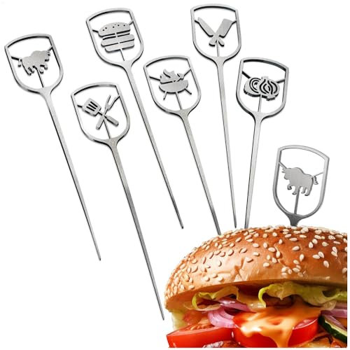 Robin Goods® 6x brochetas para hamburguesas de acero inoxidable - brochetas de metal con superficie de agarre ancha y perforada - brochetas para parrilla - brochetas para servir (06 piezas)