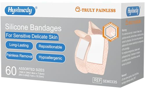 Hysimedy Silicone Adhesive Bandages Assorted Sizes for Sensitive Fragile Skin 60 Count Variety Pack Flexible Fabric Latex Free Hypoallergenic Breathable Bandages for Adhesive Allergy Wounds