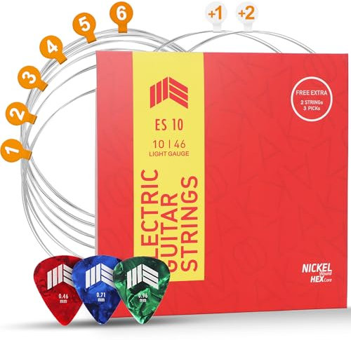 MOOZAK E-Gitarrensaiten 10-46 – Nickel E-Gitarrensaiten für elektrische Gitarren – Bonus 1. & 2. Saite + 3 Plektren – Langlebig & Reaktionsschnell