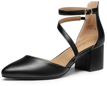 DREAM PAIRS Damen-Pumps mit geschlossenem, spitzem Zehenbereich und niedrigem Blockabsatz, Knöchelriemen, Hochzeitsschuhe, Elegante Schuhe,Size 38,Schwarz-Pu,SDPU2354W