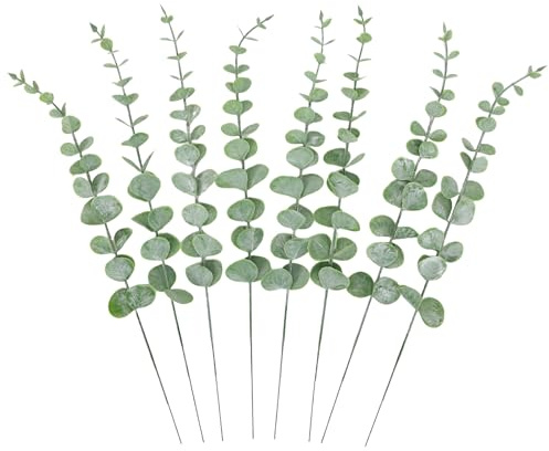 CEWOR - 8 tallos de eucalipto artificiales de 35,8 cm, hojas de eucalipto falsas para ramo de flores, centro de mesa de boda, decoración de granja, decoración del hogar