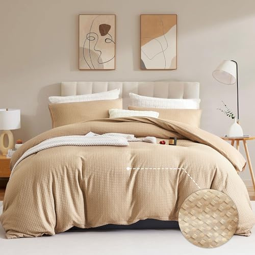 Lanqinglv Set di biancheria da letto 135 x 200 cm, 4 pezzi, effetto waffle, ricamo a quadretti, in microfibra, 2 copripiumini e 2 federe 80 x 80 cm, con chiusura lampo