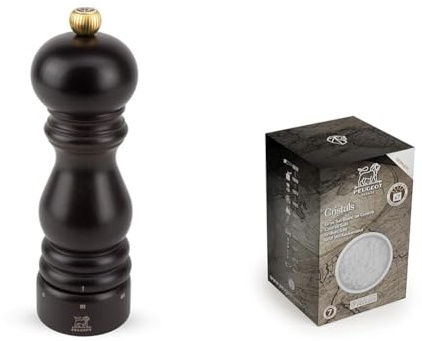 PEUGEOT - Moulin à Sel Paris u'Select 18 cm+Sélection Epices - Sel Gemme Blanc - Gros Sel De Cuisine - Salinité 7 - Origine Allemagne - Innovation Sachets Fraîcheur Triple Protection
