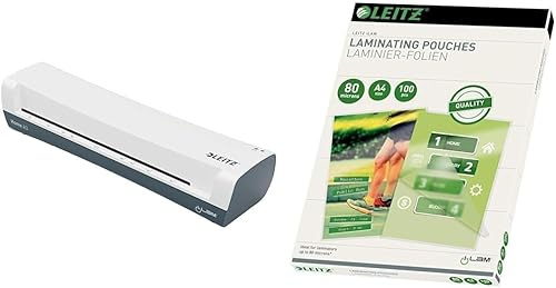 Leitz iLAM Home Laminator, Vit A3-lamineringsmaskin, Snabb Uppvärmningstid på Tre Minuter, Fickor med 75-125 Mikron, Inkluderar Startpaket, 74320001 & Leitz 33808 Lamineringsfolier, Paket med 100