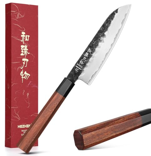 HEZHEN Cuchillo Santoku Pequeño, Cuchillo Gyuto Estilo Japonés Ultraafilado Multiusos, Mango Octogonal de Madera Roja