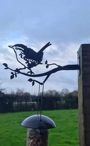 Wren Birdfeeder Hanger Holder Station | Metal Garden Art Ornament Outdoor Bracket | Hook for Birdfeeders & Wind Chimes | Fixings Included