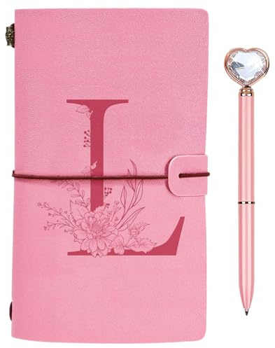 Regalo Diario in Pelle Iniziale, Diario di Viaggio Rosa, Taccuino in Pelle Rifillabile con Penna Diamante Cuore, Idee Regalo Compleanno, Ringraziamento, Natale per Donne Ragazze Amica Scrittori L
