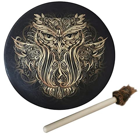 Msiud Tamburo Sciamanico, Da Stadio Con Manico Di Sciamanico Fatto A Mano Racchetta Per Rituali Sciamanici E Meditazione Alchimia Sciamanica Pelle Pecora Strumento Rotondo Vintage (25cm Owl)