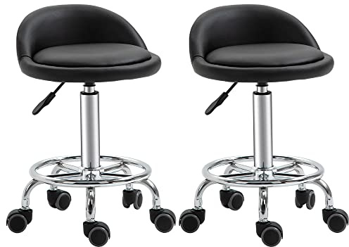 HOMCOM Lot de 2 Tabouret à Roulette Tabouret de Travail pivotant 360° - Assise réglable 47-62H cm, Dossier Ergonomique - Acier chromé revêtement synthétique Noir