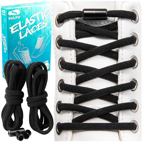 SULPO Cordones sin atar - Cordones redondos de liberación rápida - Cordones elásticos, Cordones de Goma, Cordón Elástico para adultos y niños - Cordones para zapatos, Negro, talla única