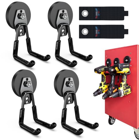 3-H 4 Stück Wandhaken magnethaken, extra stark Magnetische Haken, Schwarz | Doppelhaken magnetisch mit 2 Aufbewahrungsgurt für Geräte Garten Garage & Schuppen