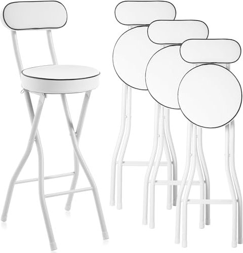 Sgabello da bar pieghevole con schienale, altezza 65,6 cm, sedia imbottita portatile per adulti, ideale per cucina, giardino, campeggio, bianco (confezione da 4)
