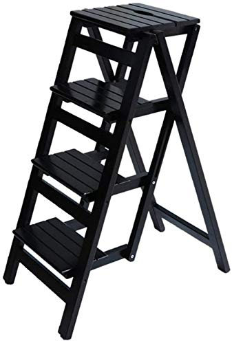 Multifunctional Wooden Folding Step Ladder Stool for Kitchen Office Solid Wood Library Shelving Ladder Chair with 4 Steps in Black/Wood Color