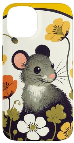 Carcasa para iPhone 14 Ratón y flores arte lindo roedor