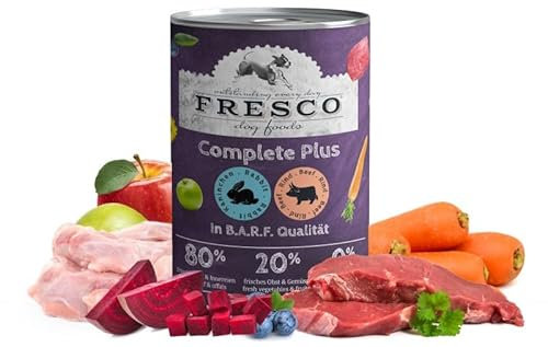 Fresco Complete Plus (haltbares B.A.R.F.) Kaninchen mit Rind | 6 x 400g | Hoher Anteil an frischem Fleisch und frischen Innereien | schonend dampfgegart | Nassfutter für Hunde
