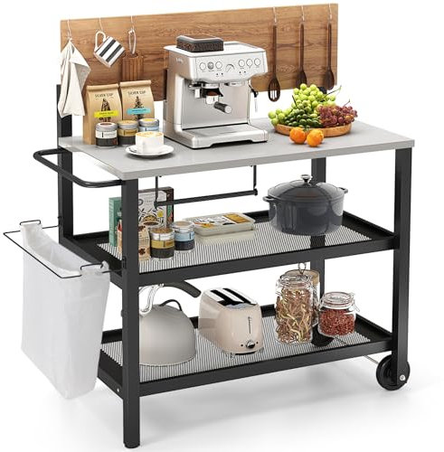 GYMAX Grillwagen, beweglicher Servierwagen mit Müllbeutelhalter & Klappplatte, Rollbarer Esstisch mit Haken & Griff, Garten Trolley für Terrasse, Garten & Küche, 116 x 55 x 130 cm