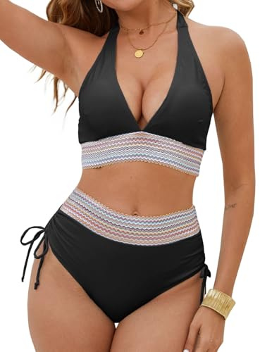 Joligiao Bikini damset sexig mage väg baddräkt hög midja dragsko baddräkter tvådelad v-ringad push-up bikini justerbar strandbikini flätad nackhållare badmode retro baddräkt, svart, S