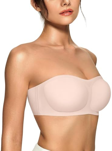 OEAK Womens Strapless Bandeau Bras Non Slip Push Up Wireless Padded Bralette Supportive Seamless Bra Comfortable Tube Bras Nude Skin M