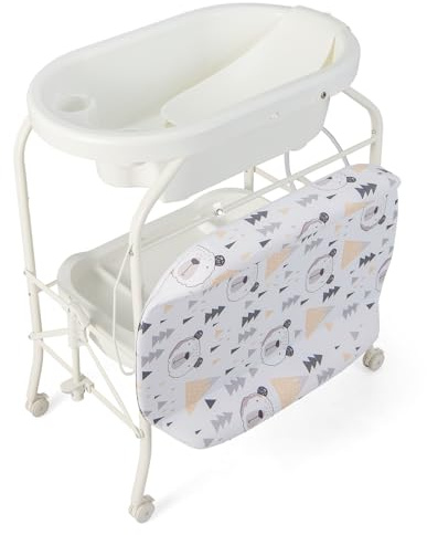 GOPLUS Baignoire Bébé Pliable 4 en 1 avec Panier de Rangement (Blanc) | Baignoire Bebe sur Pied avec Roues Verrouillables, Charge 35 KG, Table a Langer avec Baignoire pour 0-12 Mois