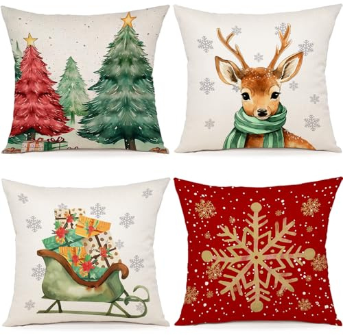 YCOLL Kissenbezug Weihnachten 40x40 4er Set Weihnachtsdeko innen Kissenbezüge Weihnachtskissen Kissenhülle für Deko Weihnachten Sofa Schlafzimmer Couch Dekokissen 40x40 cm