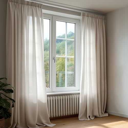 Deconovo Cortinas de Lino Translúcidas 140x260 cm, 2 Piezas – Visillos Modernos con Cinta Fruncida, Tejido Ligero y Transpirable para Salón y Dormitorio