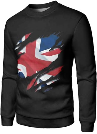Men's Union Jack British Flag Print Crewneck Sweatshirt, Long Sleeve, Plus Size (UK, Alpha, 6XL, Regular, Regular, #11)