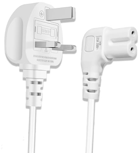 2M Figure 8 Power Lead, Compatible with Samsung TV, 90 Degree 2 Pin Power Cable, IEC C7 Power Cable/Connector/Mains/Supply/Cord with Fused Plug for TV Xbox Game Console LG Monitor PS5 PS4, White