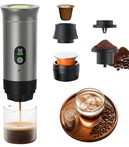 Tragbare Espressomaschine, 3-in-1 Mini Kaffeemaschine für Camping Reise | Kompatibel mit Großen Kapseln, Kleinen Kapseln und Kaffeepulver mit Akku, Schnelles Erhitzen, Auto Kaffeemaschine mit Display
