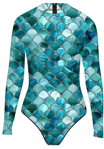 Meerjungfrau Kostüm Damen Oberteil, Langarm Mermaid Badeanzug Meerjungfrauen Body mit Glanz Fischschuppen Print Schwimmanzug Sexy Jumpsuit Einteiler Gymnastikanzug Faschingskostüme Erwachsene