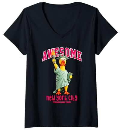 Women's Funny New York City Statue of Liberty Yellow Rubber Duck V-Neck T-Shirt