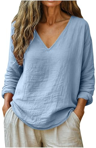 Keepink T Shirts for Women UK Cotton Linen Roll Up Long Sleeve Tops Solid Color Tee V Neck Casual Loose Blouses Relaxed Fit Tunic Pullover Fashion Dressy Blouse for Comfort Everyday