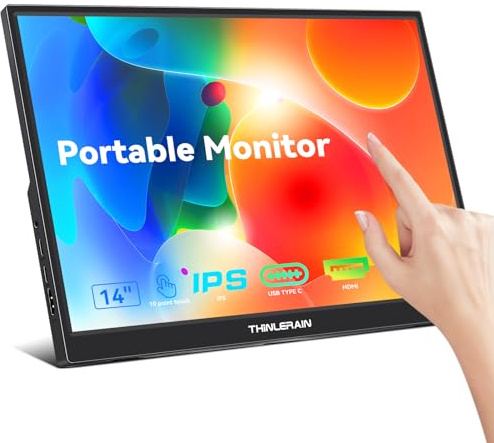 Thinlerain 14 Zoll Touchscreen Monitor Tragbar FHD 1920 x 1200 IPS Bildschirm, USB C und HDMI Anschluss, externer Monitor Portable für PC und Smartphone, integrierter Lautsprecher und Ständer