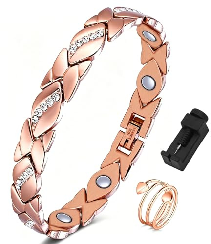 Qnbonrich Pulsera de cobre para mujer con imanes, pulsera magnética ajustable y anillo, joya Wellness, juego completo en caja de regalo con ajuste de tamaño, oro rosa, ideal para el día de la madre
