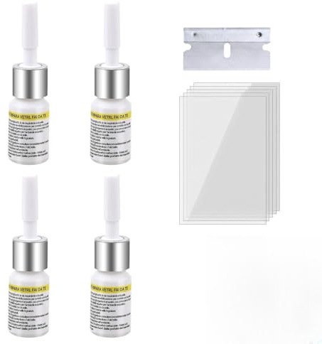 4er Set Steinschlag Reparaturset Windschutzscheibe - Schnelle Glas Reparatur Flüssigkeit für Auto Frontscheibe & Risse - Windshield Repair Kit inkl. Aushärtefolie & Schaber