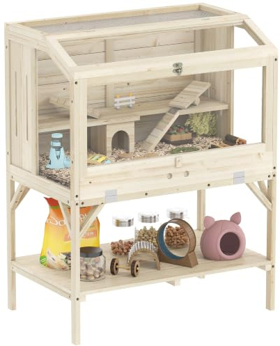 PawHut Wooden Hamster Cage 2 Tier Transparent for Syrian 84 x 53 x 110 cm | Gerbil Cage, Openable Top, Storage Shelf, Tray, Ramp, Seesaws, Water Bottle, Small Animal Habitat, for Gerbils Rats Rodent